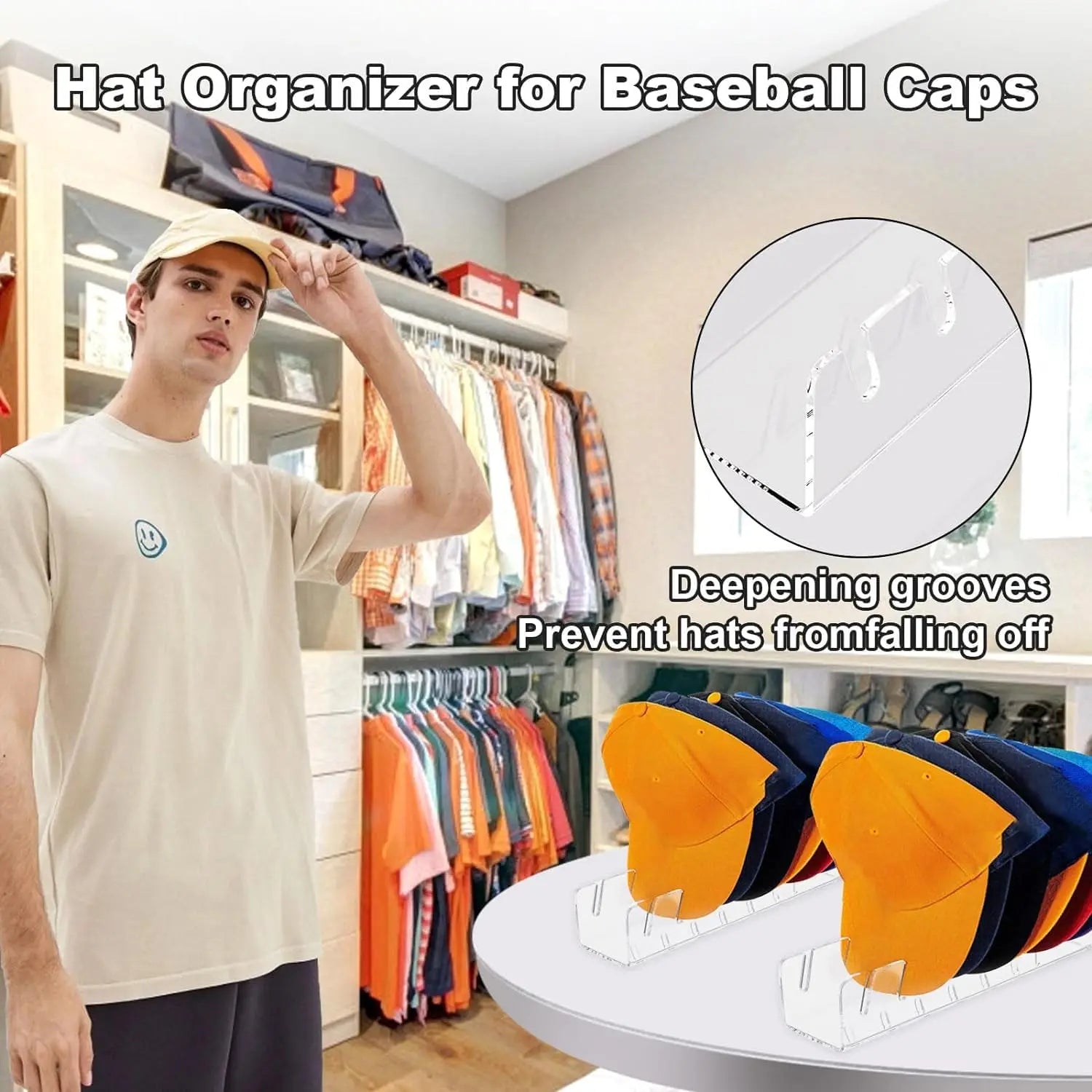 "Stylish Acrylic Baseball Cap Stand - Ultimate Organizer & Display Rack for Your Bedroom Closet or Dresser!"